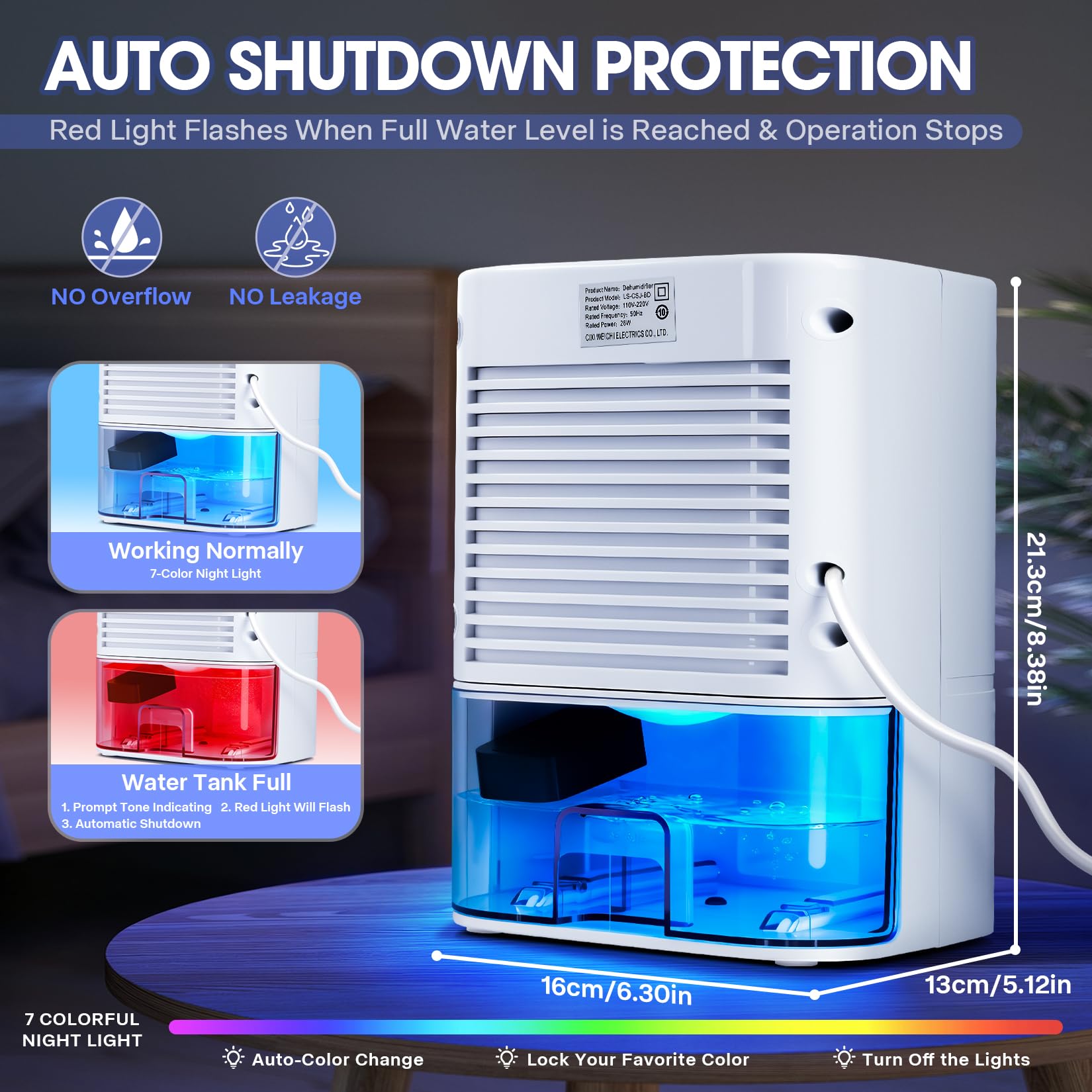 Dehumidifier,37 OZ Small Quiet Dehumidifiers with Auto Shut Off,7 Colors LED Light,Digital Display,Sleep Modes,Intelligent Remote Control for Home (1000 sq.ft),Bathroom,Bedroom, Basement (White)