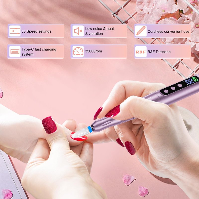 Welan Electric Nail Drill Professional, Cordless NailDrill, 35000RPM Professional NailDrill, Portable Efile Nail Drill Machine for Acrylic and Gel Nail with Manicure and Polishing Tool Set (Pink)