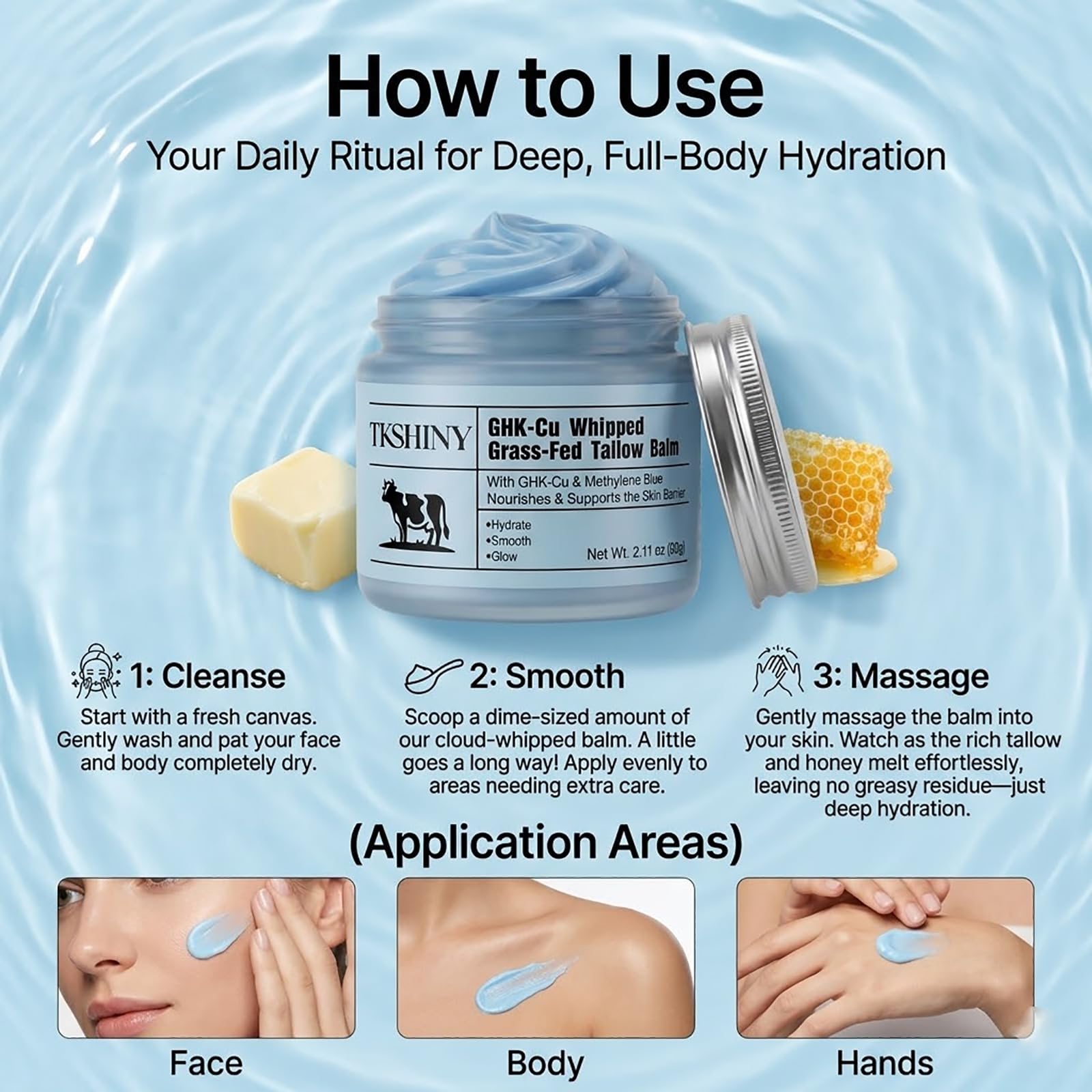 TKSHINY GHK-CU & Methylene Blue Grass-Fed Tallow Balm, Face Moisturizer with Hyaluronic Acid & Honey Extract, Skin Barrier Repair & Anti-Aging Face Cream for Fine Lines & Dry Skin 2.11Oz