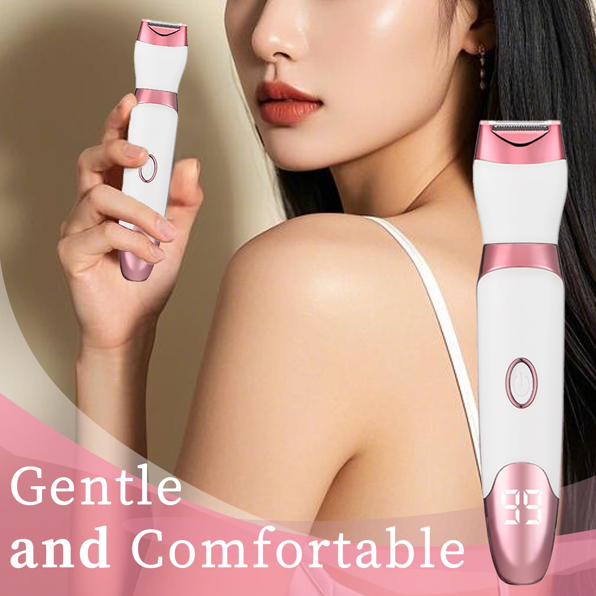 Bikini Trimmer for Women with LED Display - 5-in-1 Rechargeable Electric Shaver, Painless Pubic Hair Trimmer for Face Nose Eyebrow Arms Armpit Legs Pubic Area (Gold)
