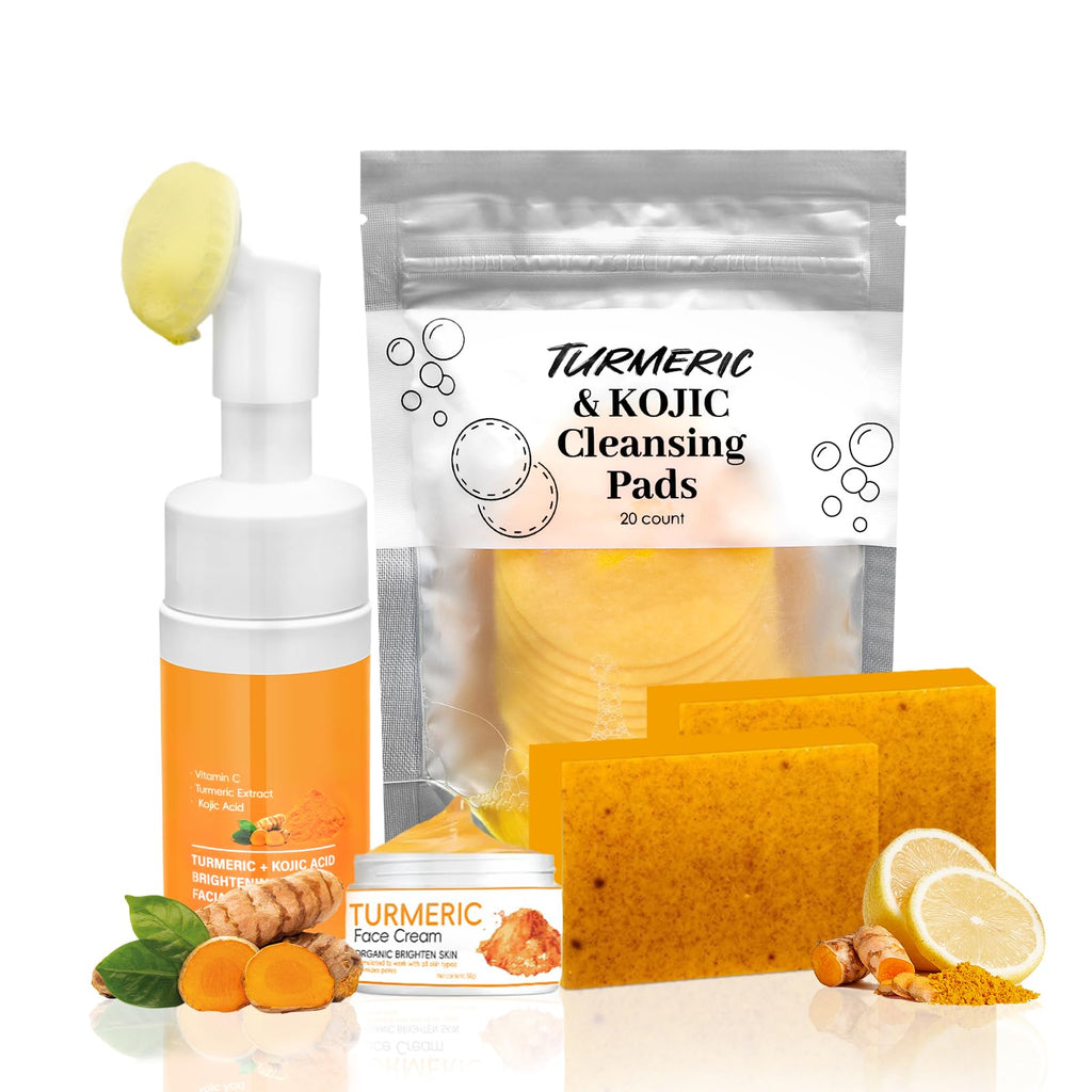 Amdele Turmeric Wash and Care Set, 4-Piece Turmeric Skincare Set:Turmeric Facial Wash with Brush,Cleansing Pad,Soap bar & Face Cream, Deep Cleansing for Face & Body
