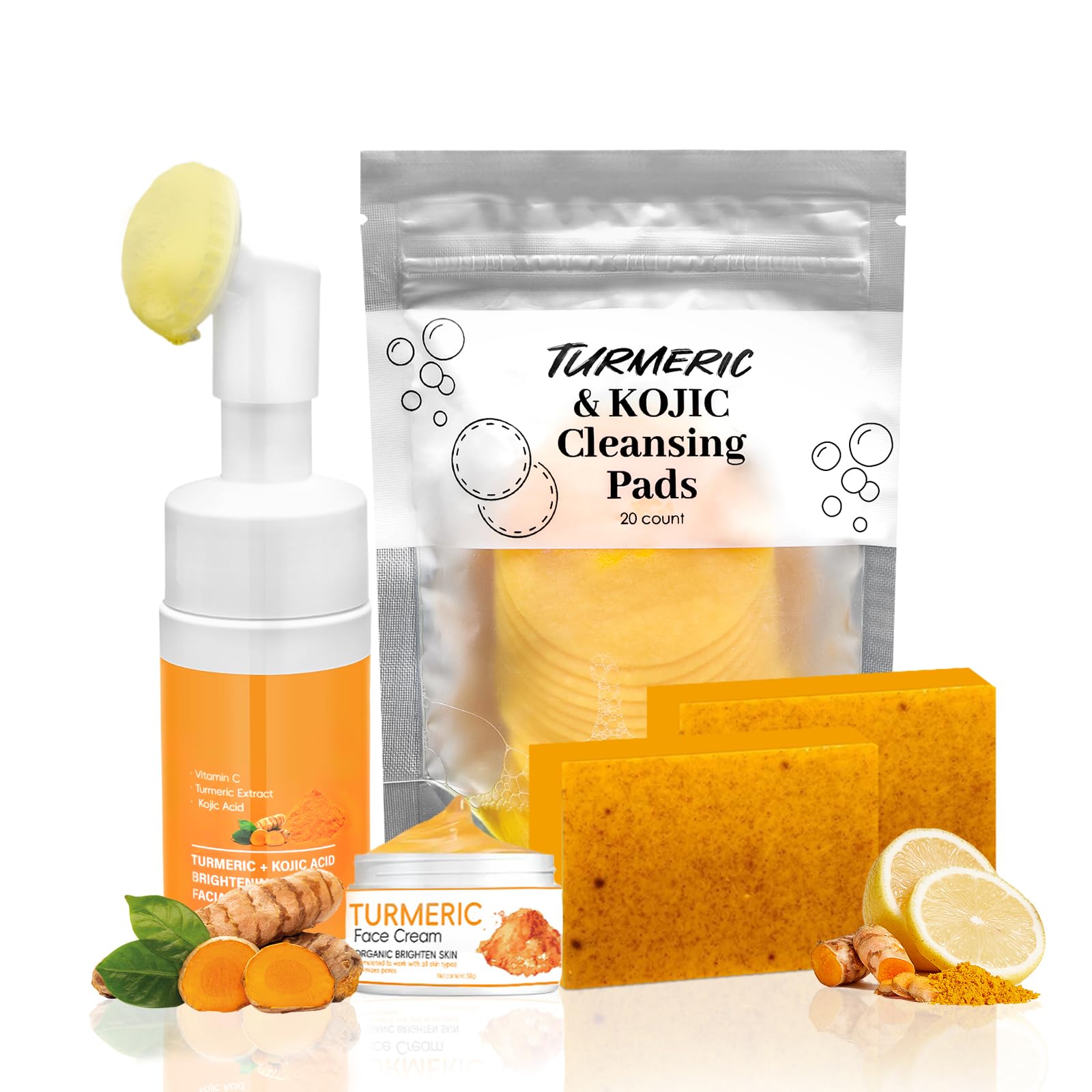 Amdele Turmeric Wash and Care Set, 4-Piece Turmeric Skincare Set:Turmeric Facial Wash with Brush,Cleansing Pad,Soap bar & Face Cream, Deep Cleansing for Face & Body