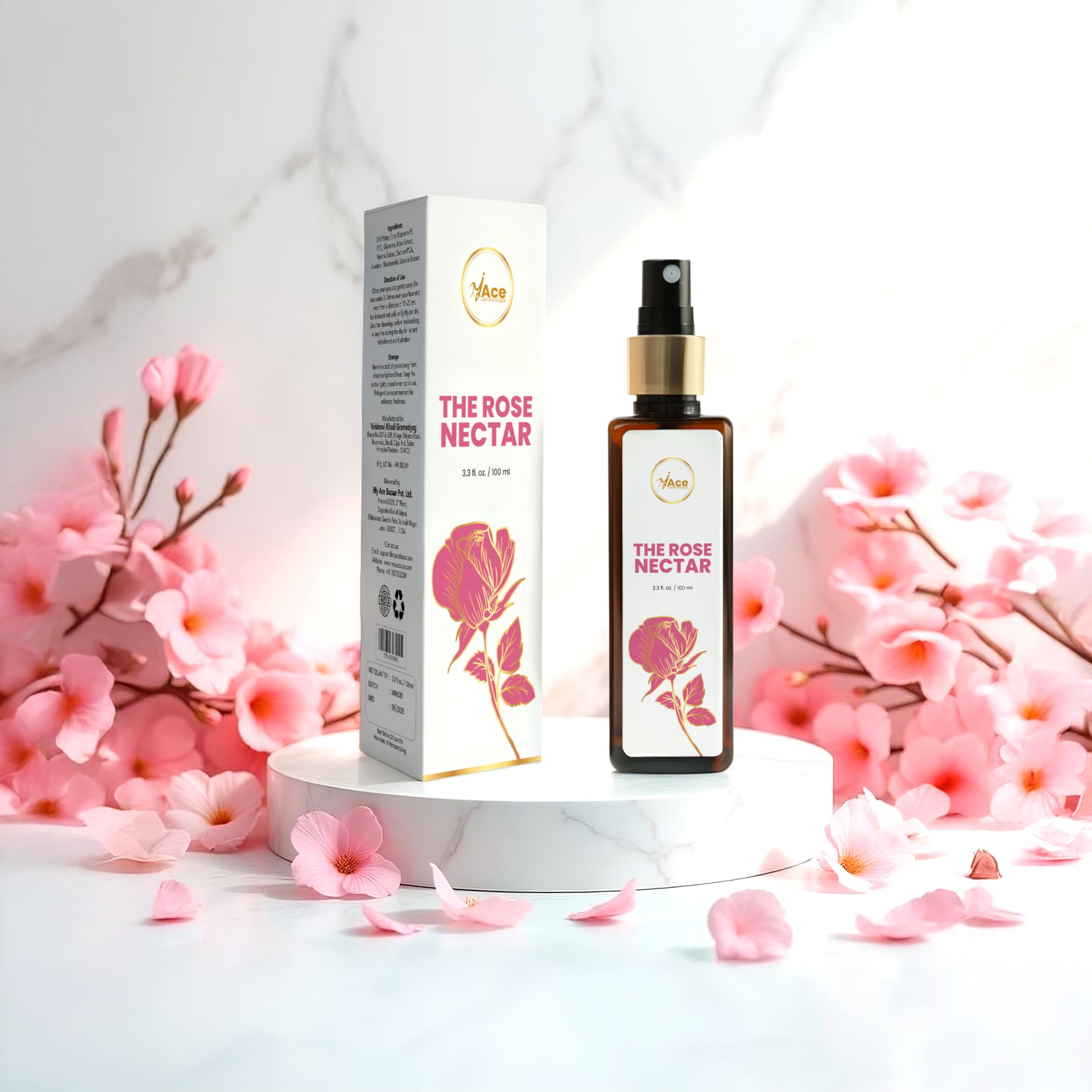 My Ace Rose Nectar Face Mist - Hydrating Facial Toner & Rose Water Spray with Niacinamide & Licorice - 100% Pure, Natural, Organic, Alcohol-Free for Soothing, Refreshing, Brightening Skin - 3.38 fl oz