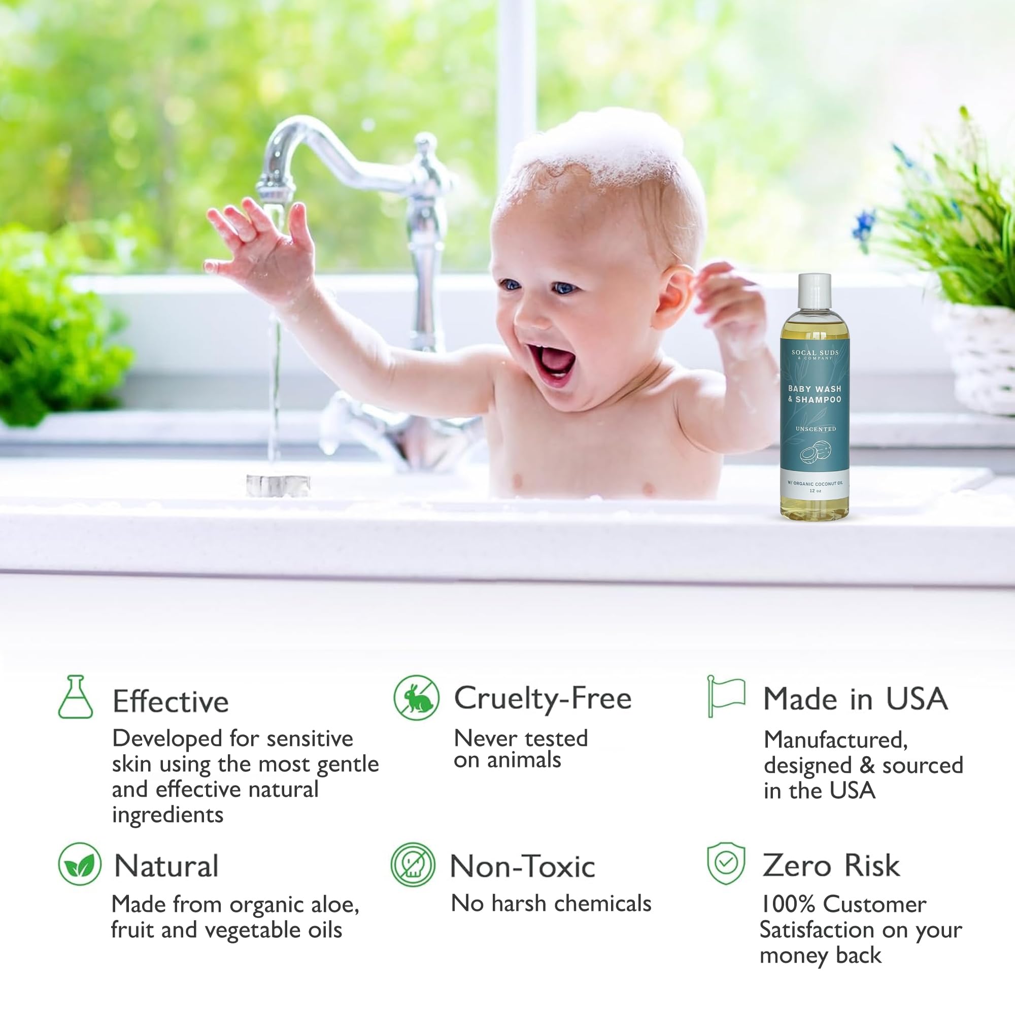 SoCal Suds & Company Organic Baby Shampoo and Body Wash - 2-in-1 Castile Soap, Hypoallergenic, Sensitive Skin, Natural Soap, Toddler Shampoo, Infant, Newborn, Kids Body Wash - 12oz Fragrance Free