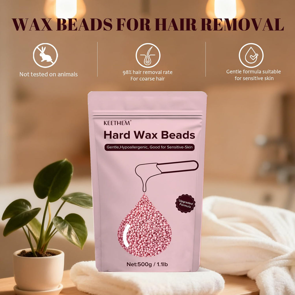 Keethem 500g/1.1lb Wax Beads Suitable for Coarse Hair Removal,Hard Wax Beads Brazilian Bikini Waxing At Home, Wax Beans for Women Men Face, Eyebrow, Body, Legs, Armpit(Cream)