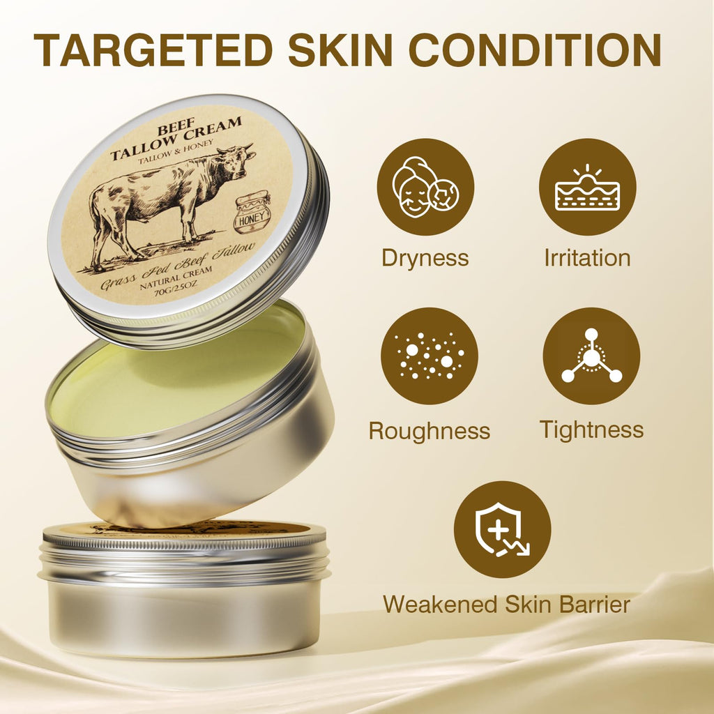 MROUVIK Beef Tallow for Skin, Tallow and Honey Cream,Tallow Face Moisturizer, Natural Grass-Fed Beef Tallow Balm with Raw Honey Moisturizing Cream for Body Lotion Skin Care 2 Packs