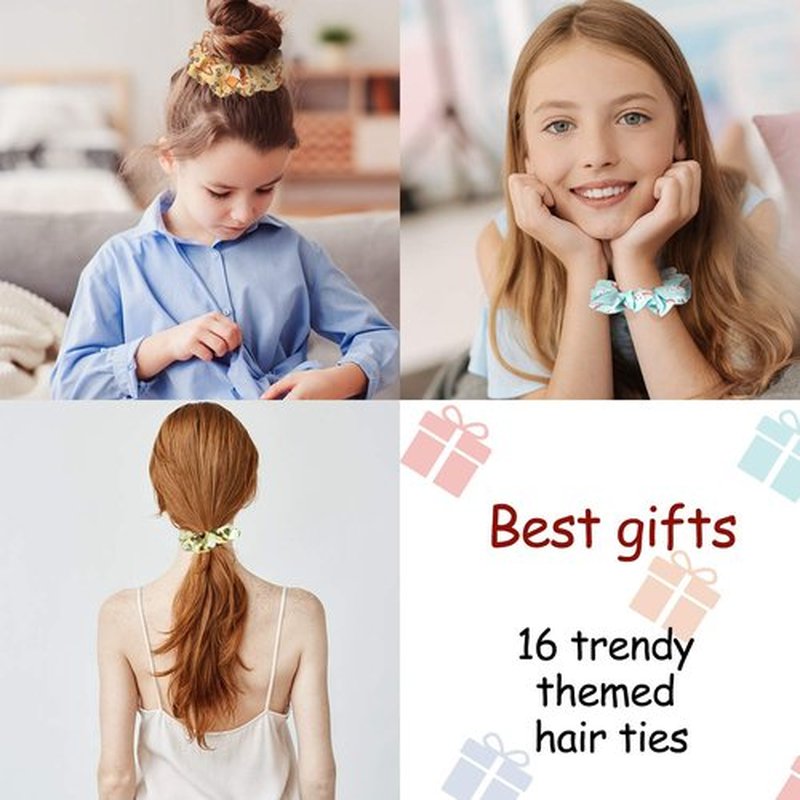 16 Pieces Cute Hair Scrunchies Kawaii Colorful Cute Unicorn Rainbow Mermaid Dog Printing Scrunchy Ponytail Holder Hair Ties Accessories for Women and Girls(Classic Style)