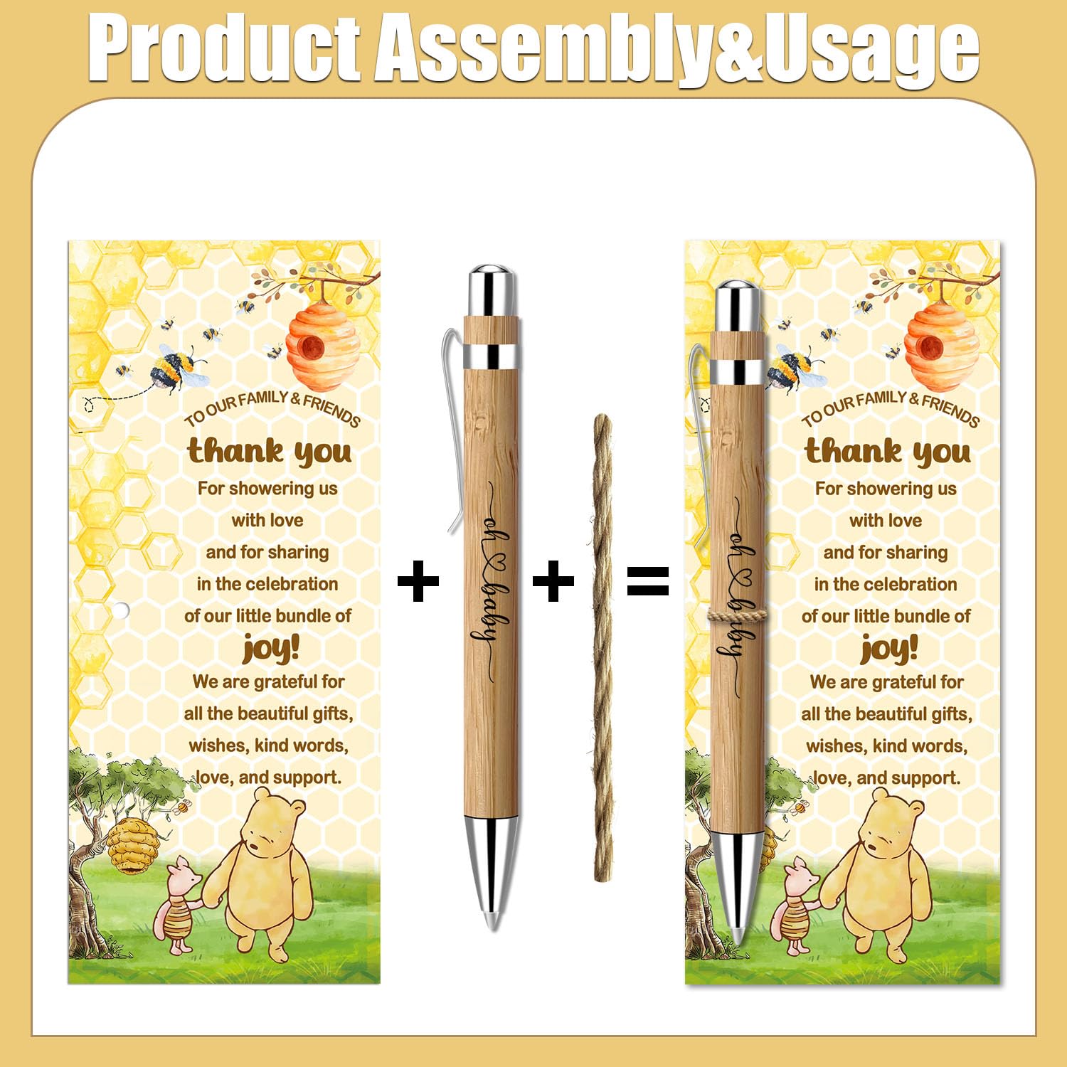 Toerifer 30 Pcs Winnie Baby Shower Favors for 30 Guest, Thank You Gift Sets, Included Bamboo Pens Greeting Cards, Gender Reveal Souvenirs Prizes, Winnie Honey Bee Baby Birthday Decor