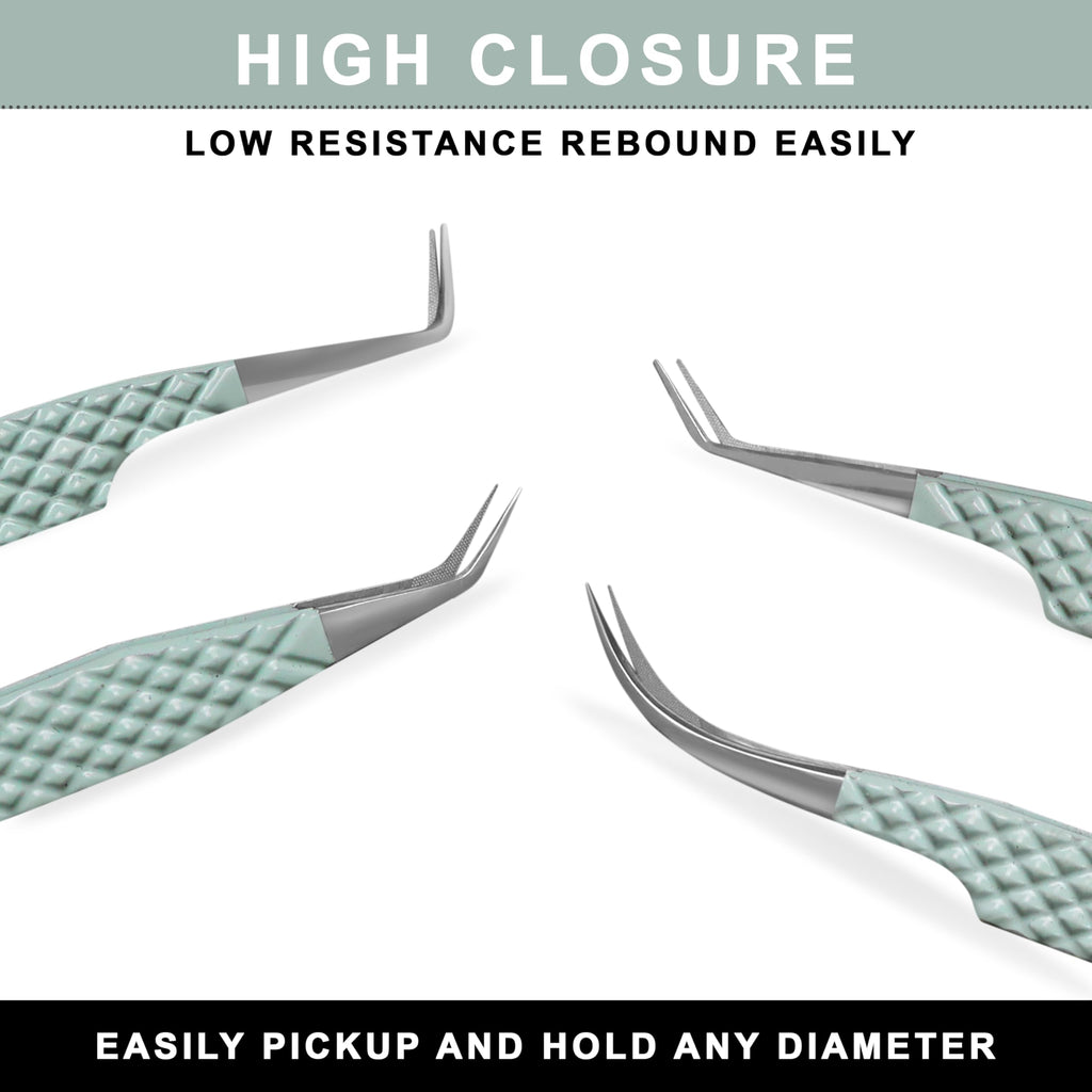 Fiber Tip Lash Tweezers for Eyelash Extensions with Diamond Grip, Set of 4 Precise Tips Japanese Steel for Classic, Volume & Mega Volume Lashes, Ideal Tweezers Set for Lash Artists (4, Light Green)