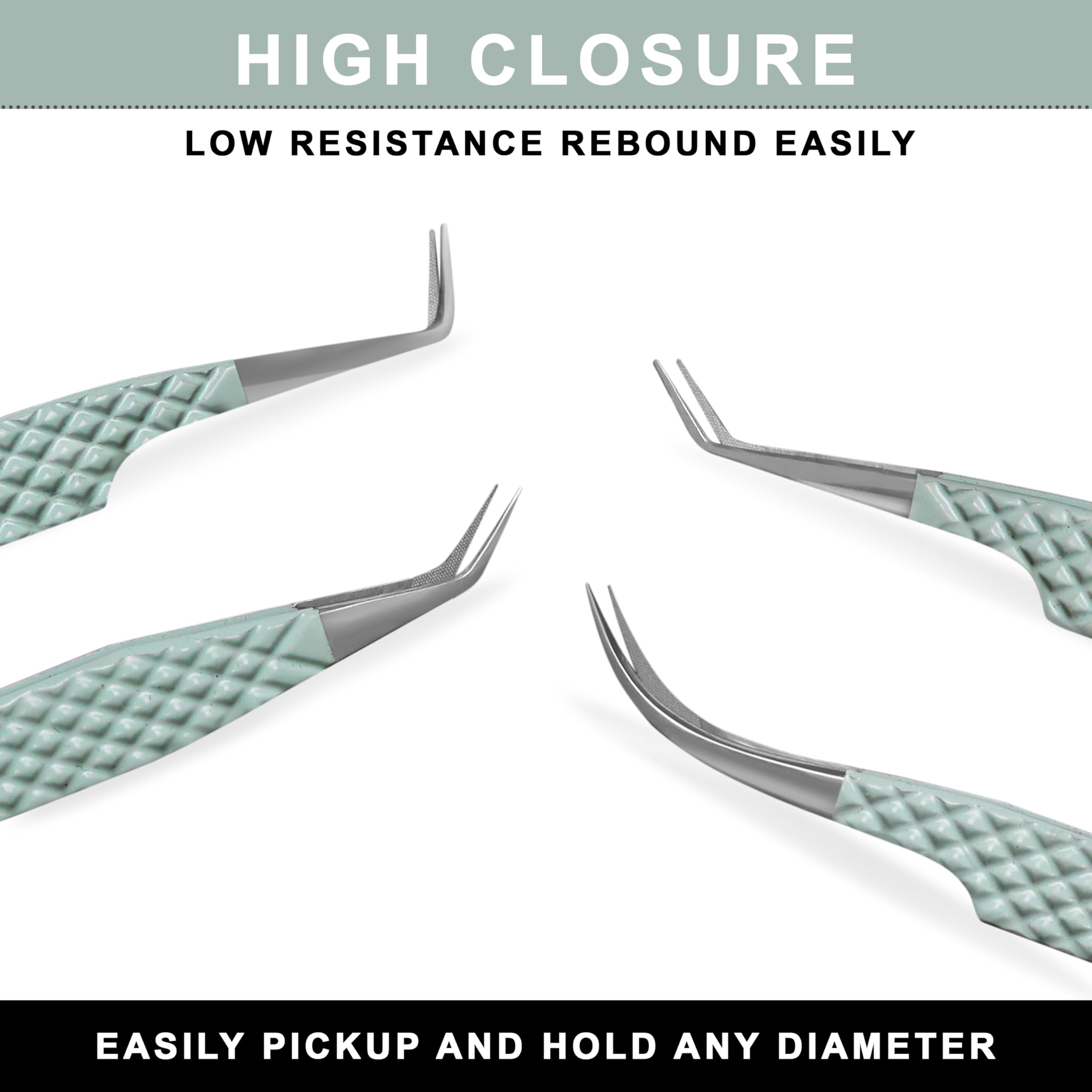 Fiber Tip Lash Tweezers for Eyelash Extensions with Diamond Grip, Set of 4 Precise Tips Japanese Steel for Classic, Volume & Mega Volume Lashes, Ideal Tweezers Set for Lash Artists (4, Light Green)