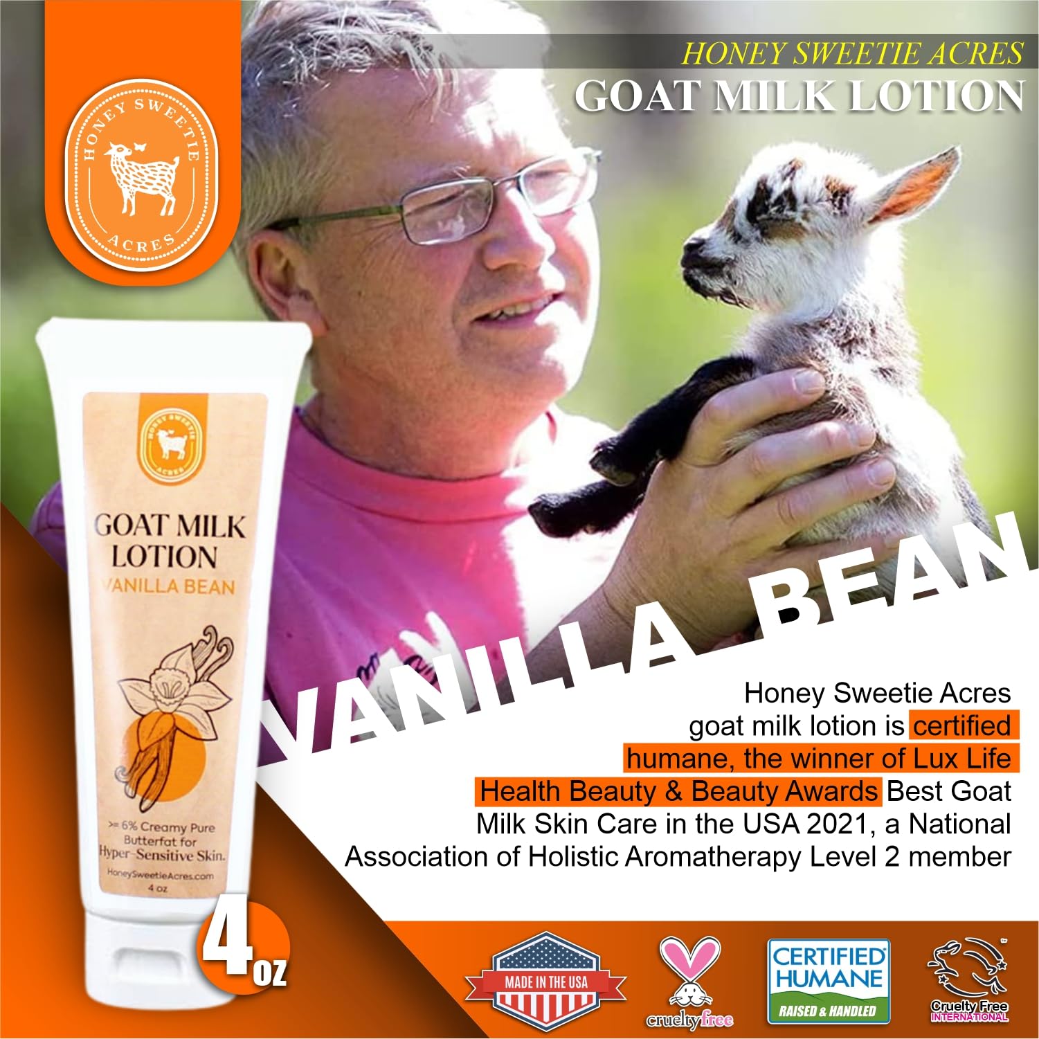 Honey Sweetie Acres Fresh Off The Goat All-Natural Goat Milk 4 oz Vanilla Bean Body Lotion is a cruelty-free, handmade lotion that hydrates and moisturizes - Made in the USA