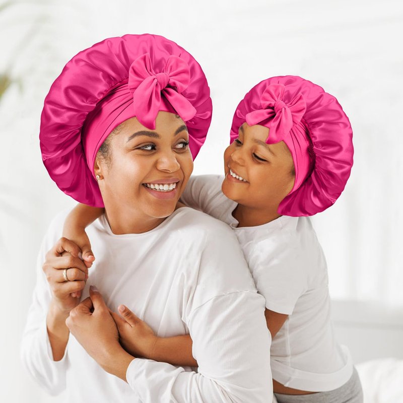 UHBYJM 2 PCS Mommy and Me Bonnet Set, Silk and Satin Bonnets for Sleeping with Elastic Tie Band, Adjustable Hair Bonnets for Women, Girls, Kids and Toddlers (Rose Red)