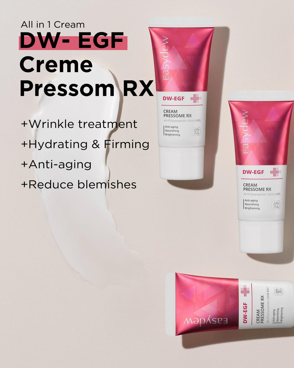 EASYDEW DW-EGF Peptide Pressome RX Cream - Korean Anti Aging Face Moisturizer for Firmness & Elasticity with EGF, Ceramide, Hyaluronic Acid - Soften & Reduce the Appearance of Wrinkles, 1.01oz. 3 Pack