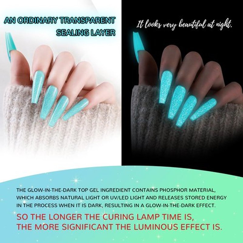 U-Shinein Glow In The Dark Gel Polish - Glitter Luminous Blue Nail Gel Top Coat with Fine glitter decoration No Wipe Long-lasting Transparent Glow UV LED Needed, Perfect for Any Festival Halloween
