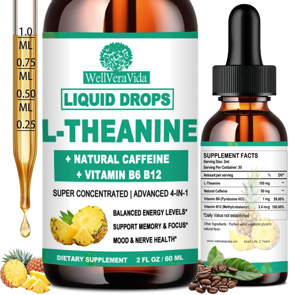 WellVeraVida L Theanine Caffeine Liquid Drops, High Potency L-Theanine 100mg w. Caffeine Vitamin B12 B6, Natural Nootropic Brain for Smooth Energy Focus Alertness, 6X Stronger Than Pills Powder Gum