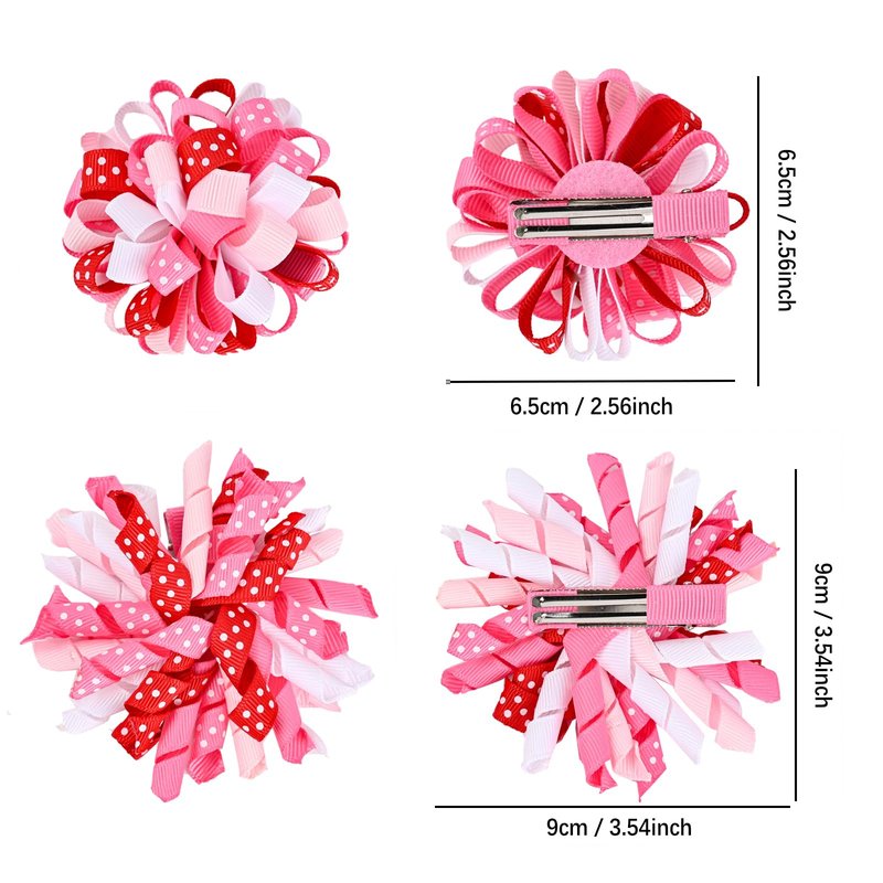 Valentine Hair Bow Clips - Curly Ribbon & Flower Ball Hair Bow Clips Handmade Cheer Alligator Barrette Pins for Kids Girls Grosgrain Ribbon Fireworks Ballflower Accessories (Red/White/Pink)