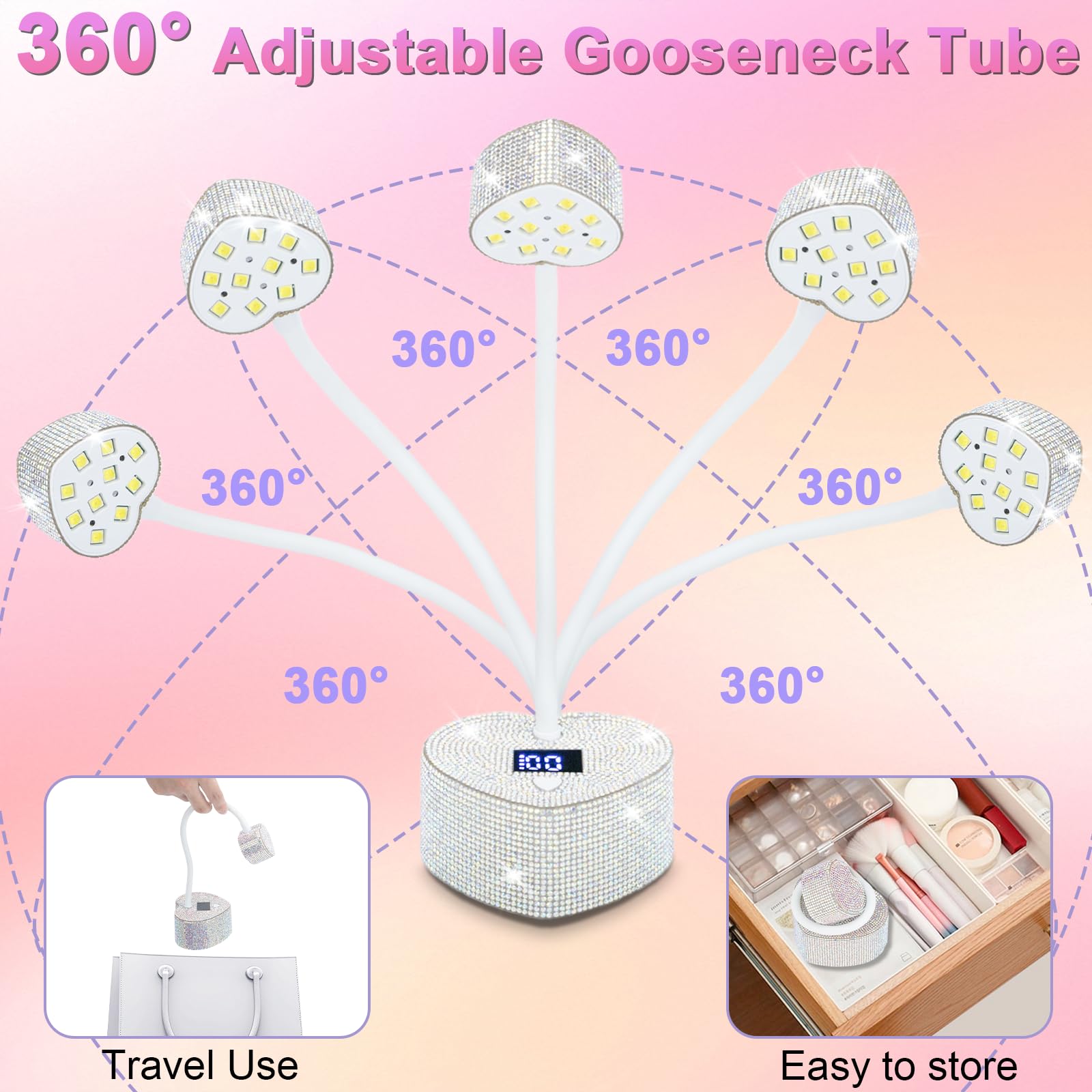 UV Nail Lamp,30W Rechargeable Gel Lamp Mini Cordless UV Light with 2 Timers & Auto Sensor,LED Fast Curing Goosenecks Gel Nail Polish Lamp for Home DIY Manicure (Silver Diamond)