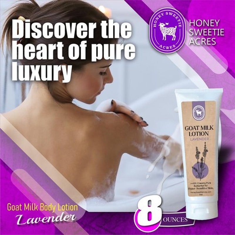 Honey Sweetie Acres Fresh Off The Goat All-Natural Goat Milk 8 oz Lavender Body Lotion is a cruelty-free, handmade lotion that hydrates and moisturizes - Made in the USA