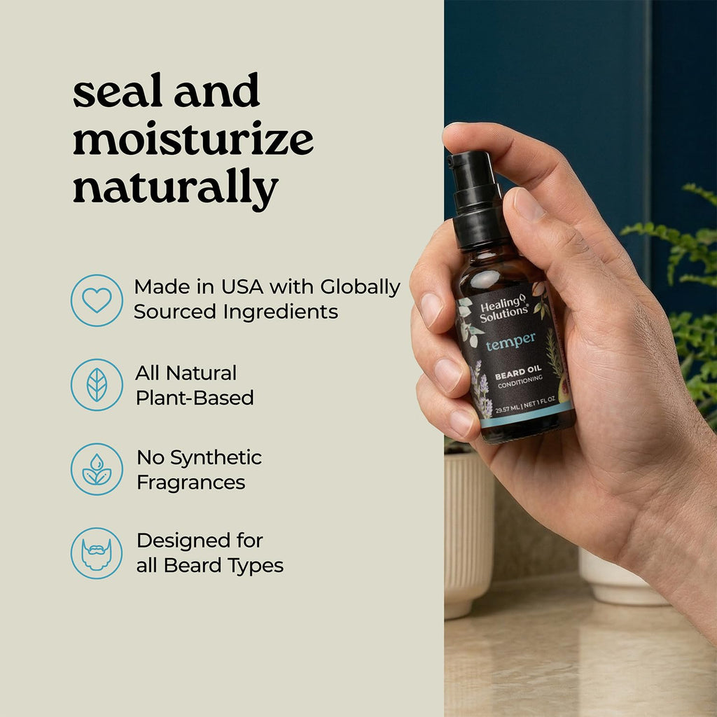 Healing Solutions – Temper Beard Oil, All Natural Oil with Baobab, Argan, & Avocado Oil, 1oz, Deep Conditioning for Soft, Manageable Beard