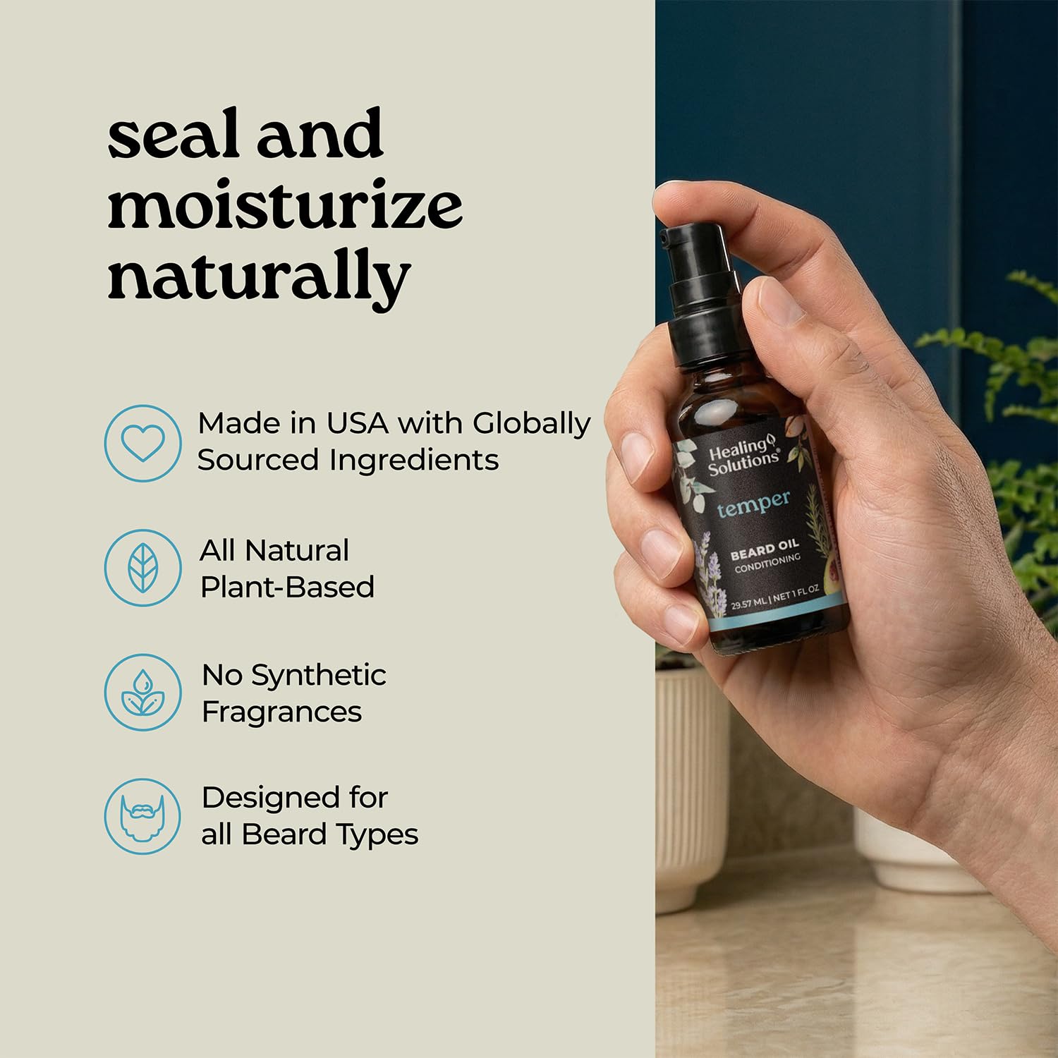 Healing Solutions – Temper Beard Oil, All Natural Oil with Baobab, Argan, & Avocado Oil, 1oz, Deep Conditioning for Soft, Manageable Beard
