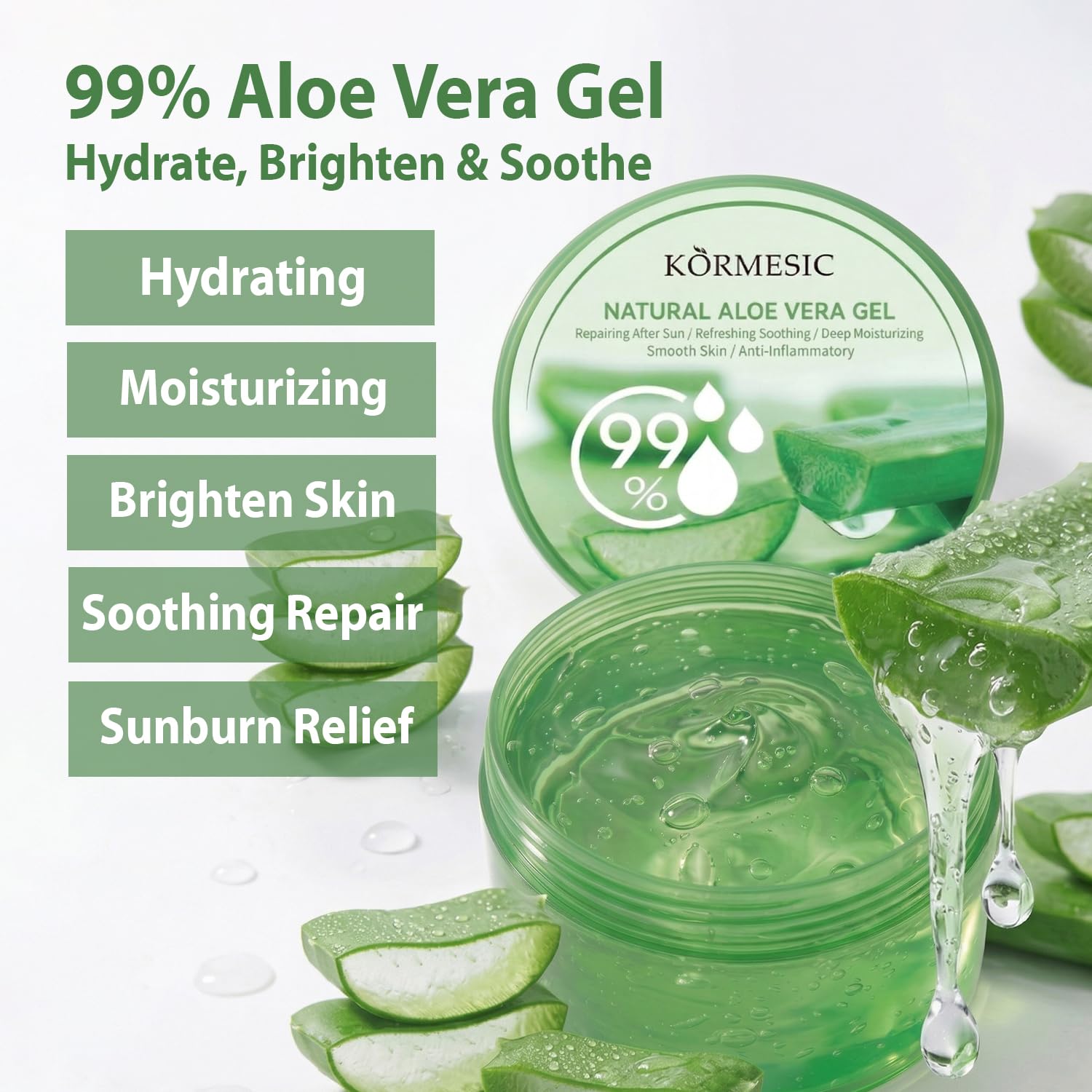 KORMESIC Aloe Vera Gel Hydrating Cream - 99% Pure Aloe Soothing Gel for Face, Body, Hair & After-Sun Care - Deep Moisturizer for Dry Skin - 300g