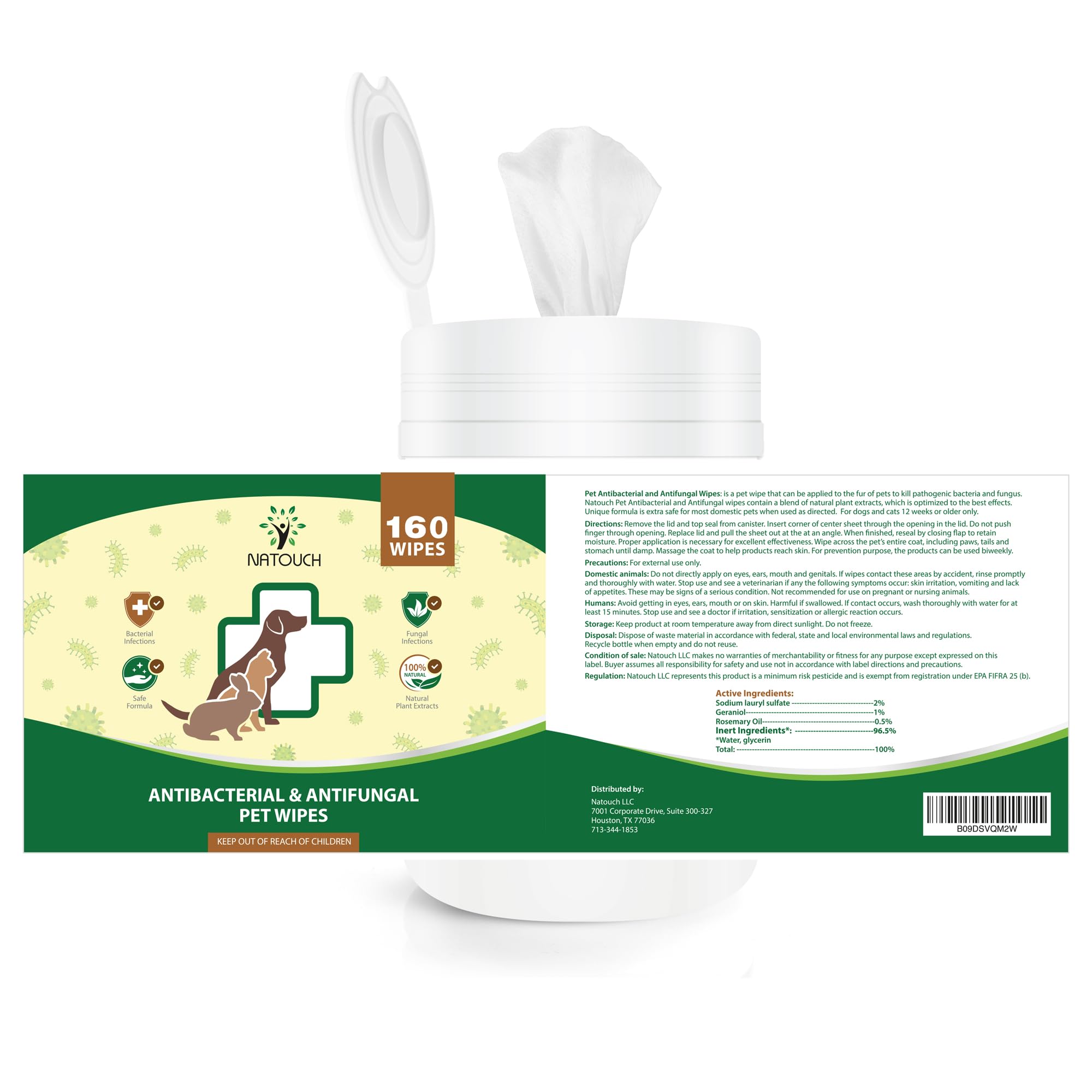Natouch Antifungal and Antibacterial Wipes for Dogs & Cats, Dog Yeast Infection Treatment Wipes, All Natural Grooming Wipes for Cleaning, Help with Hot Spots, Ringworm, and Skin Infections, 160 Count