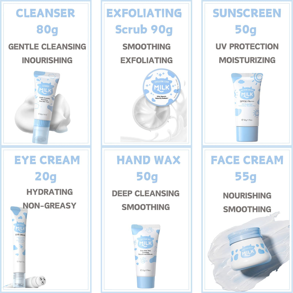 Milk Skincare Set Teen Girls Gifts - Skin Care for Teens 10-12 - Skin Care Set Moisturizing - Skin Care Routine Kit for Women - Skincare for Girls 10-12 - with Eye&Face Cream,Sunscreen (7PCS, Milk)
