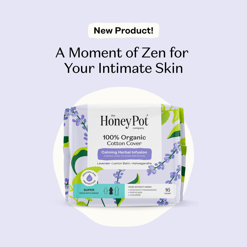 Honey Pot - Calming Herbal Super Sanitary Pads for Women - 100% Organic Cotton Top Sheet - Feminine Care - Non Cooling - Calming Herbs of Lavender, Ashwagandha, & Lemon Balm - 16ct