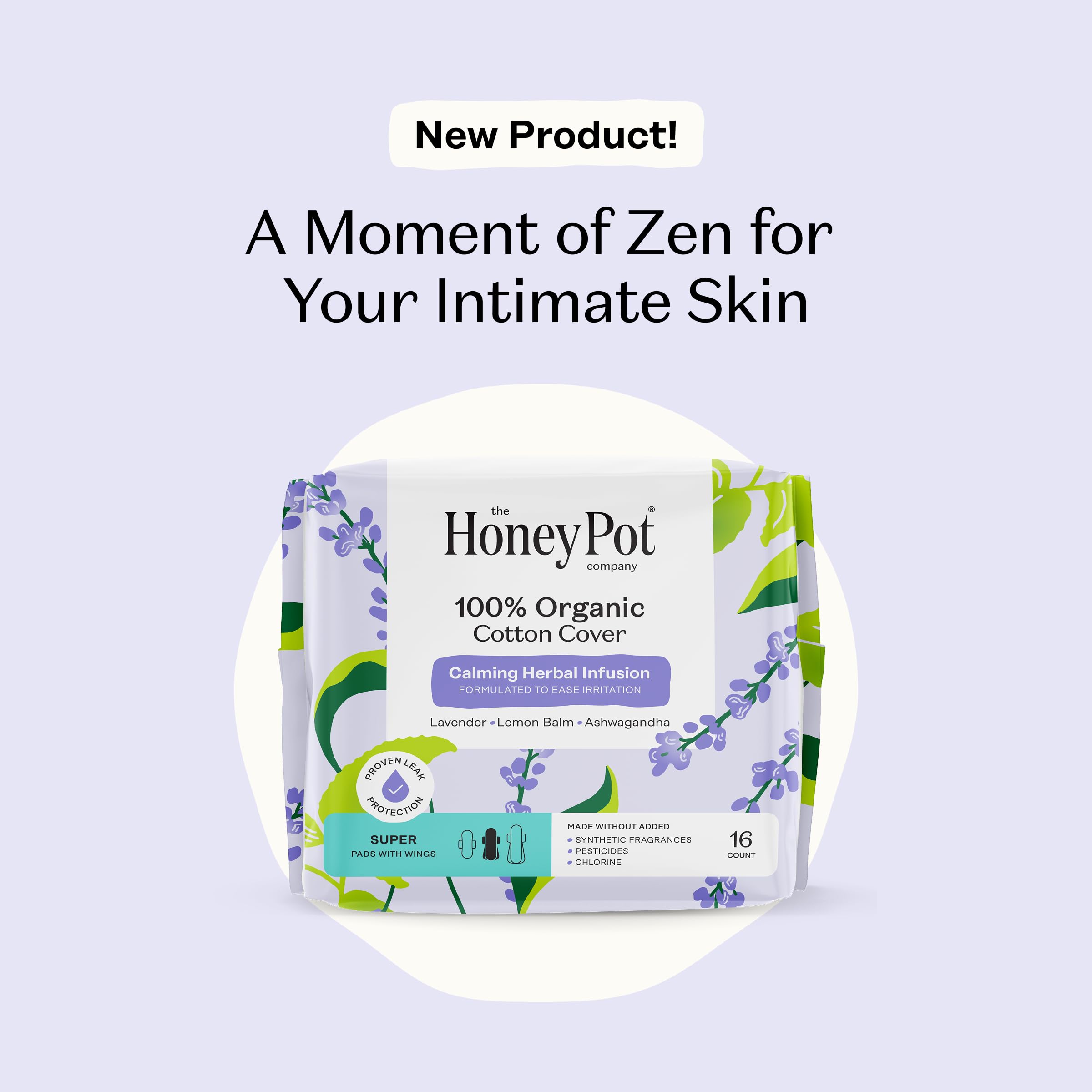 Honey Pot - Calming Herbal Super Sanitary Pads for Women - 100% Organic Cotton Top Sheet - Feminine Care - Non Cooling - Calming Herbs of Lavender, Ashwagandha, & Lemon Balm - 16ct