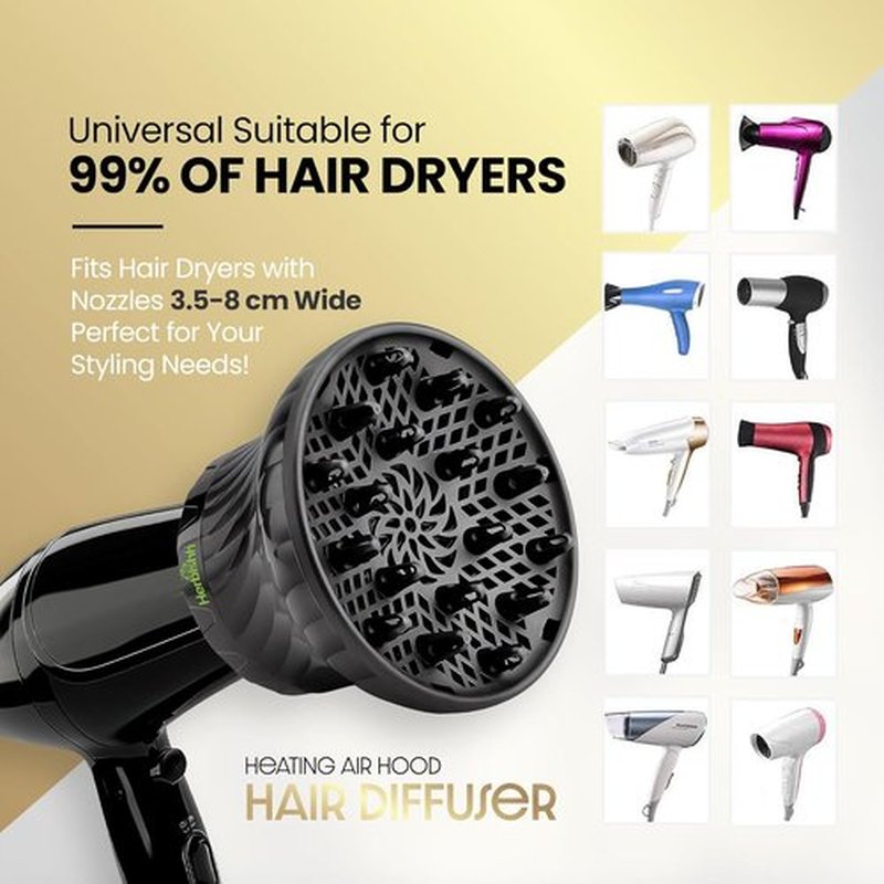 Herbishh Hair Dryer Diffuser - Universal Fit for Curly & Wavy Hair - Reduces Frizz & Adds Volume - Adjustable 3.5 to 8 cm (Black)