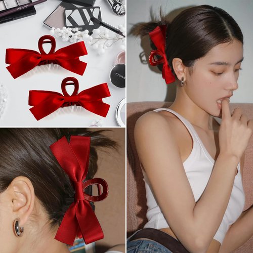Sizobi Red Hair Bows Clips Satin Bow Claw Clip, Big Christmas Hair Bows Barrettes Hair Accessories for Women Girls 2pcs, Large Red Bow for Thin Thick Curly Hair