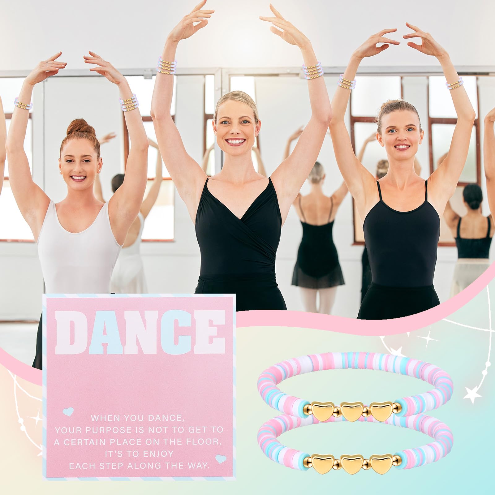 Liliaafar 24 Sets Dance Gifts Bulk Include Pink Blue White Polymer Clay Beaded Bracelet with Greeting Card Dancer Party Favors Team Gifts Recital Jewelry for Women Ballerina Birthday(Inspirational)