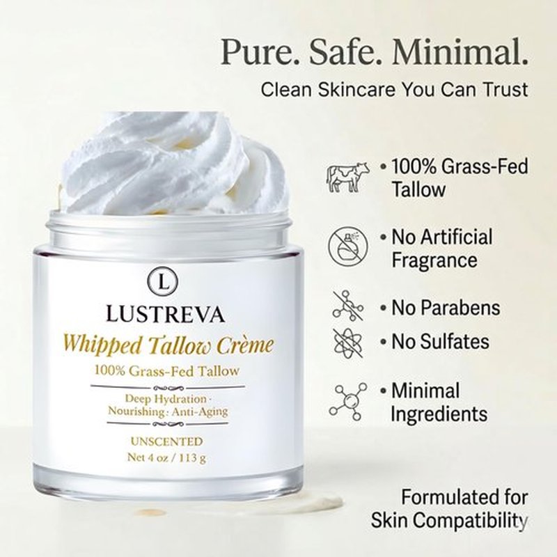 Lustreva Beef Tallow for Skin – 100% Grass-Fed Whipped Tallow Cream Moisturizer for Face & Body – Deep Hydration for Dry, Sensitive & Eczema-Prone Skin – Unscented Natural Tallow Balm – 4 oz
