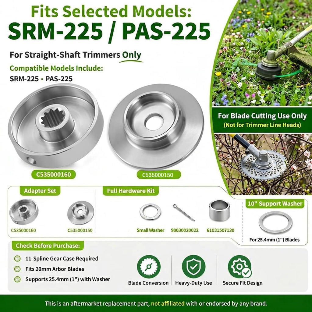 RianKarn Stainless Steel Brush Cutter Blade Adapter Kit for 225 & 230 Series Parts, C535000160 & C535000150, 11-Spline Straight Shaft, 20mm & 25mm Center Hole, Blade & Nut Not Included