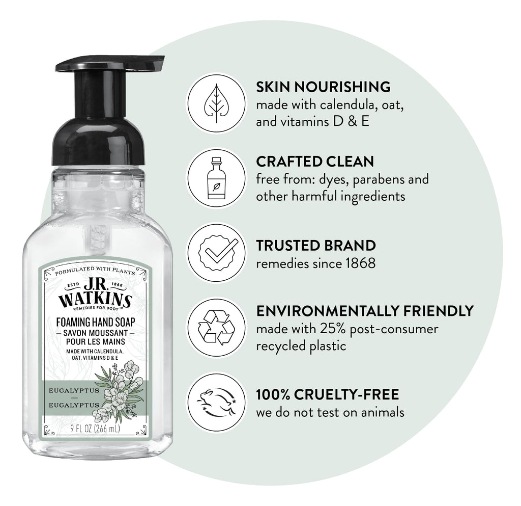 J.R. Watkins Foaming Hand Soap Pump with Dispenser, Moisturizing Hand Soap Foam, Alcohol-Free, Cruelty-Free, , Use for Kitchen or Bathroom, Eucalyptus, 9 fl oz,3 Pack