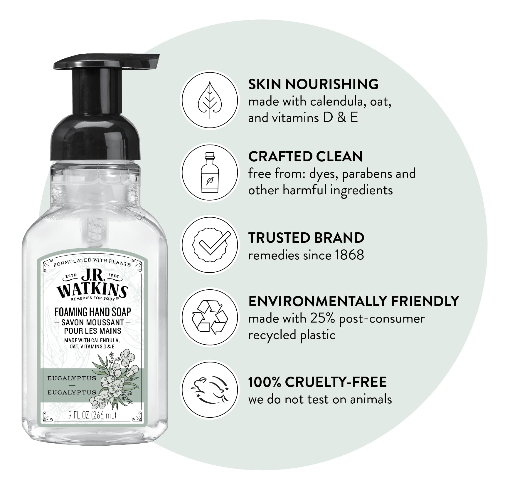 J.R. Watkins Foaming Hand Soap Pump with Dispenser, Moisturizing Hand Soap Foam, Alcohol-Free, Cruelty-Free, , Use for Kitchen or Bathroom, Eucalyptus, 9 fl oz,3 Pack