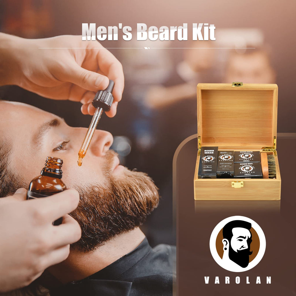 Varolan Beard Grooming Kit, Birthday Gifts for Men with Beard Oil, Balm, Brush, Wash, Wax, Comb, Scissors, 1 fl oz