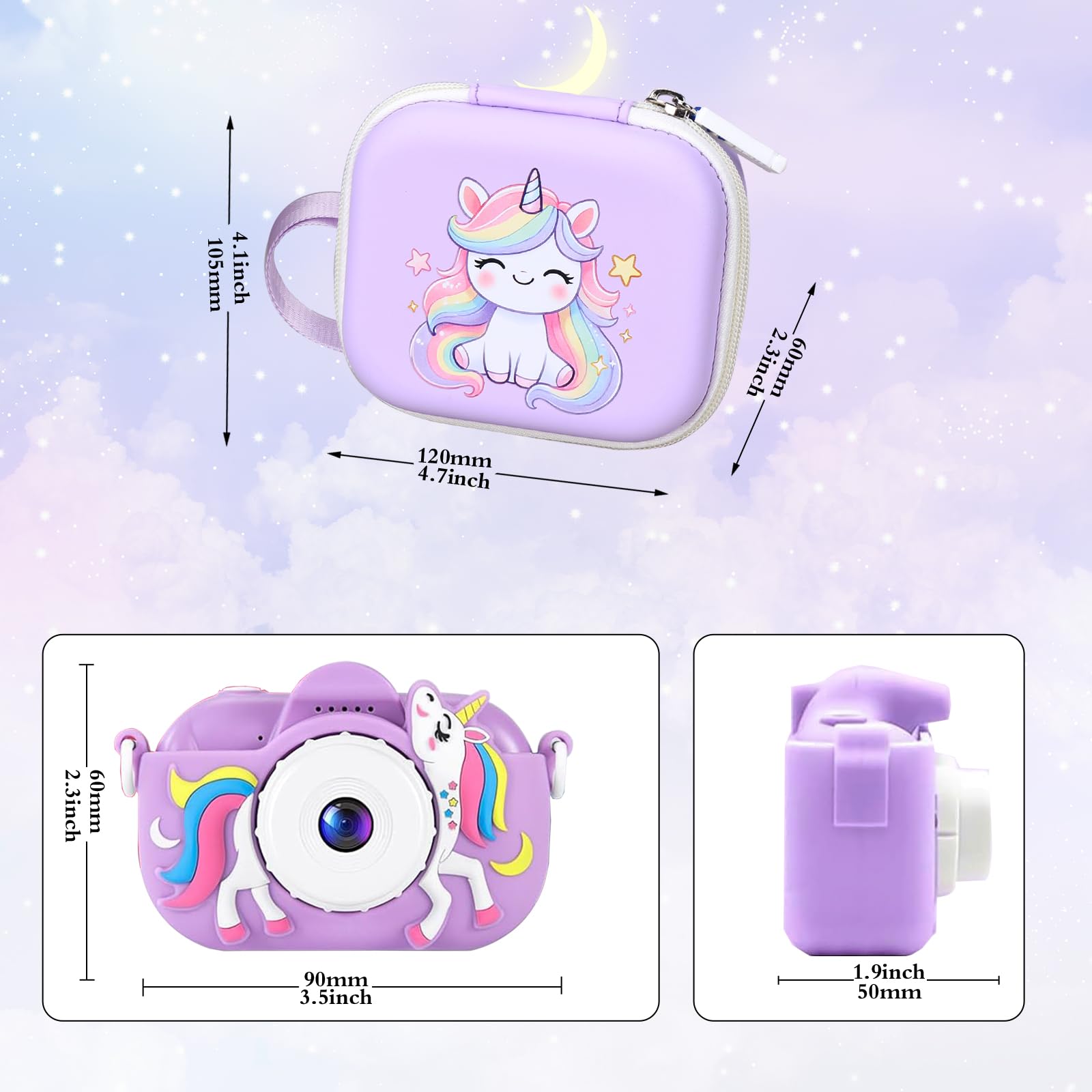 worfty Kids Camera Case Compatible with MAVOKIS/Envyvip/Seckton/KIZJORYA/Goopow Digital Video Camera Toys Camcorder Storage Holder Carrying - Purple Unicorn(Case Only)