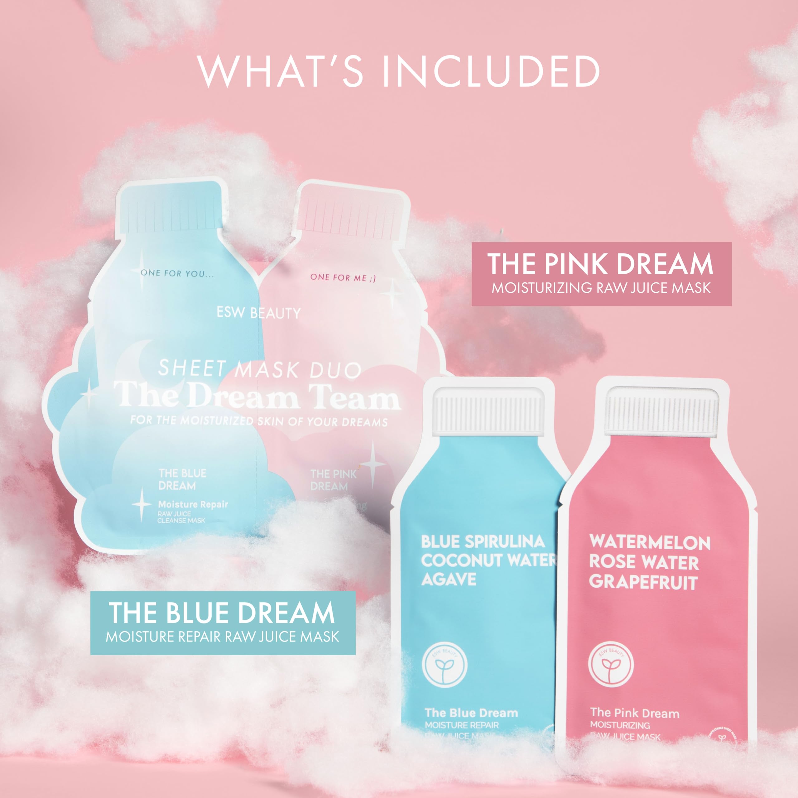 ESW Beauty The Dream Team Face Mask Duo – Hydrating & Moisture Repair Skincare Set – Includes The Pink Dream & Blue Dream – Vegan, Cruelty-Free, Clean Skincare for Glowing Skin