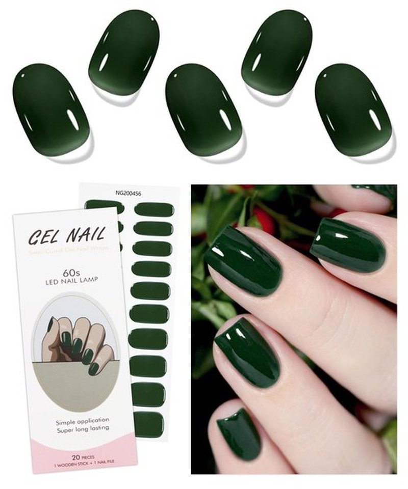 JMEOWIO Gel Nail Stickers Dark Green Semi Cured Gel Nail Strips Wraps UV/LED Nail Supplies Nail Art Design Decoration Accessories