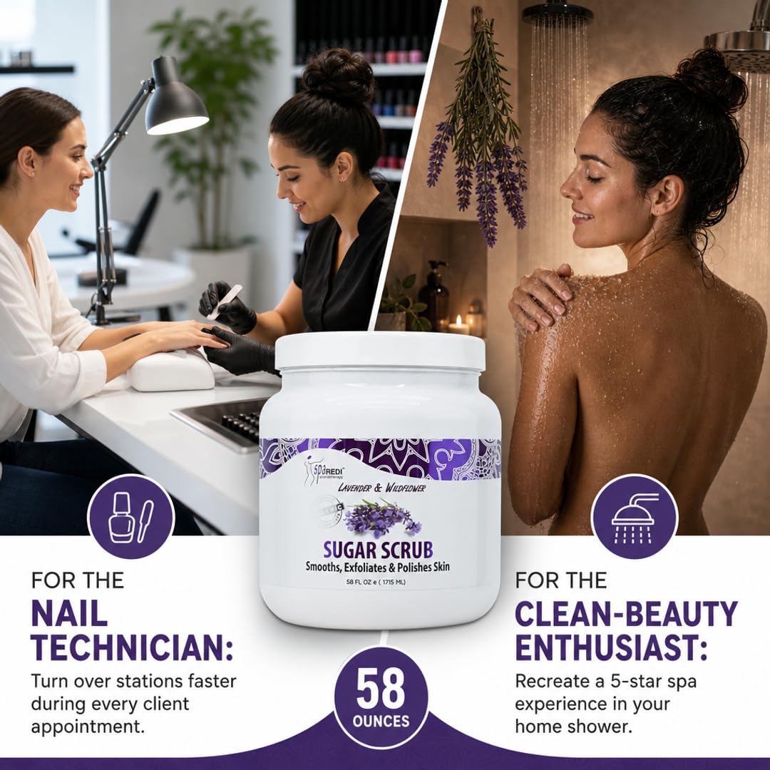 SPA REDI Sugar Body Scrub – Lavender & Wildflower Exfoliating Treatment for Feet, Heels & Body | Hyaluronic Acid, Panthenol, Cruelty-Free, Sulfate-Free | Professional Salon & Home Use | 58 oz