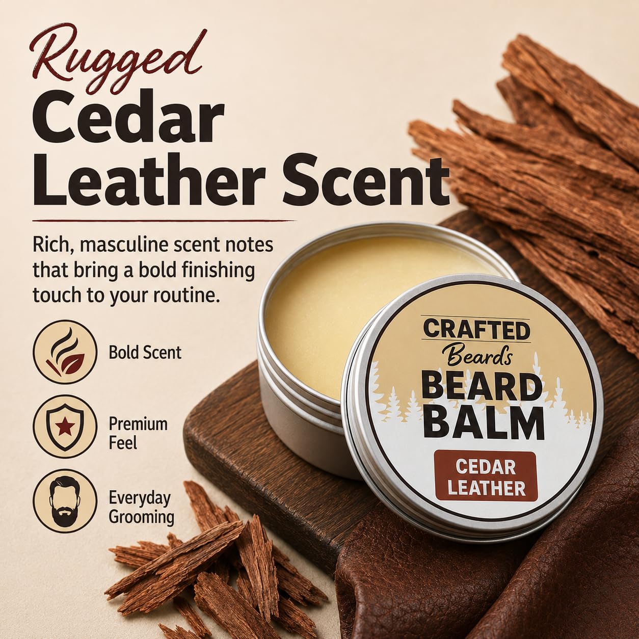 Beard Balm - Cedar Leather Scent - 2oz Tin - Beard Wax - Light Hold - (CL)