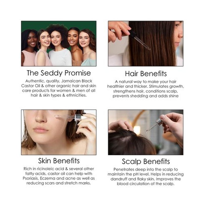Seddy Organic Jamaican Black Castor Oil - Cold-Pressed Hair Growth Treatment with Rosemary & Peppermint - 3.4 fl oz