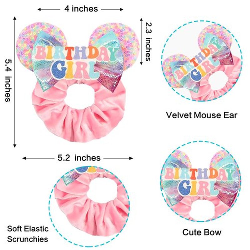 Mouse ear scrunchies with glitter sequin ears for women girls, princess hair accessories for women, mini mouse ears bows hair bows for women girls (birthday pink)