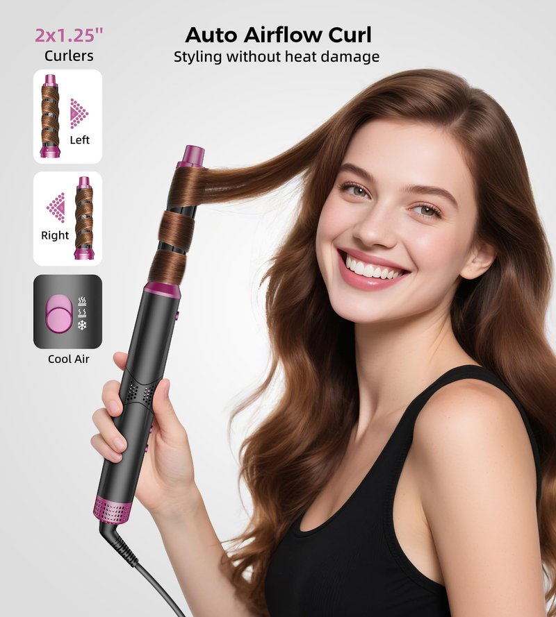 UPoetry 5 in 1 Hot Air Styler & Hair Dryer Brush, High-Speed Blow Dryer, 1300W Fast Drying Curling Without Heat Damage, Volumizing Straightening, Auto Wrap Curlers Includes Travel Storage Bag