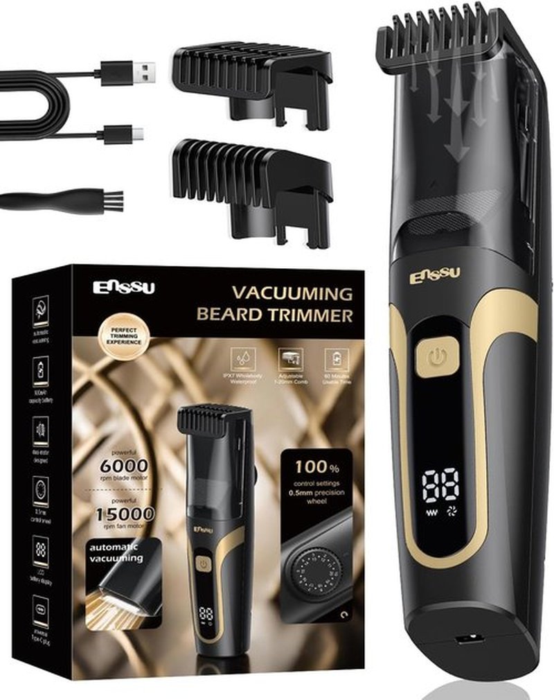 ENSSU Beard Trimmer for Men - Rechargeable Electric Trimmer with Auto-Vacuum & 2 Combs | Waterproof, Adjustable 1-20mm Length