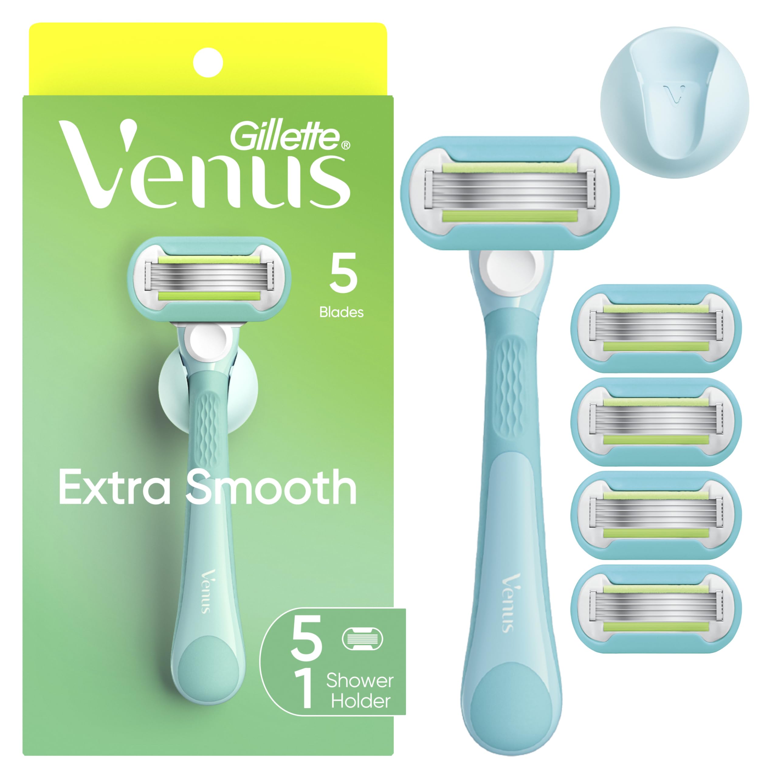 Gillette Venus Extra Smooth Women's Razor with Reusable Handle, 5 Blade Refills and Shower Holder