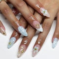 3D Sea Waves Press on Nails Glossy Blue Gradient Stick on Nail French Tips Medium Almond False Nail 24Pcs Flower Gel Glue on Fingernails Acrylic Full Cover Fake Nails for Holiday Manicure Art