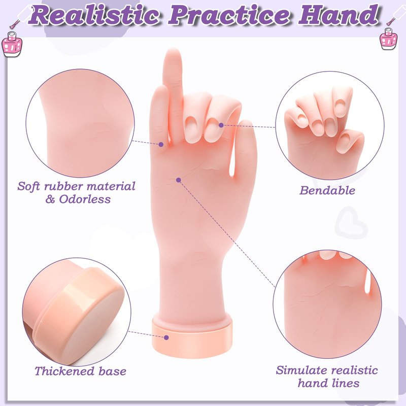 Zhaoyao Practice Hand for Acrylic Nails, Nail Practice Hand with 100 Pcs Nail Tips 120 Pcs Double-side Jelly Glue Stickers Bendable Fake Hand Mannequin Hand for Nail Practice Manicure Beginners