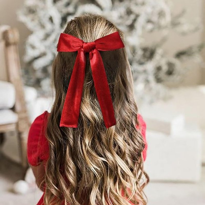 DEEKA Red Velvet Hair Bows 2 Sizes Long and Basic 4” Hair Bow Set for Toddler Girls Long Ponytail Knot Bows Alligator Clip Hair Accessories for Little Girls (Red)